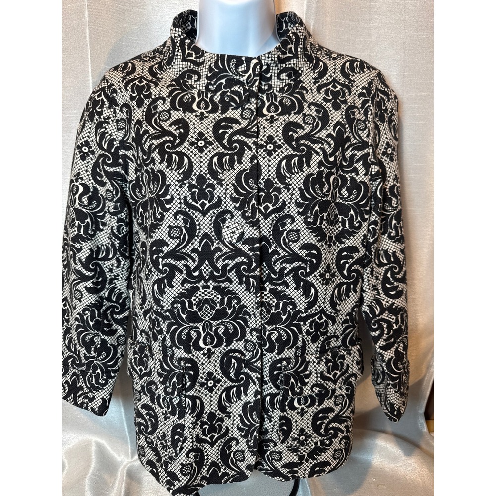 Talbots Black White Damask Print Collarless Jacket Blazer‎ Women Size 10